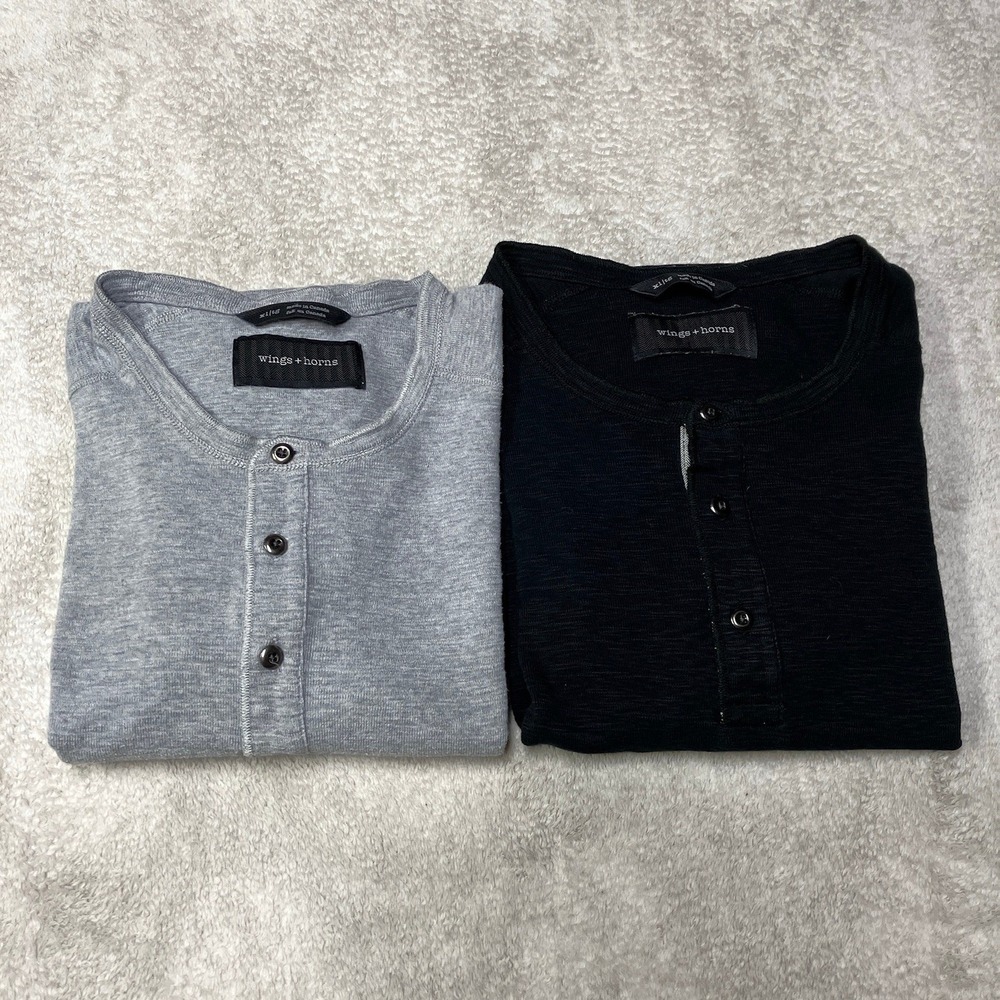 Lot of 2 Wings + Horns Short Sleeve Henley T-Shirt Slub Cotton Black Gray Men XL